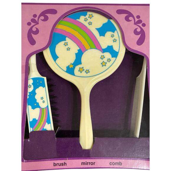 Vintage ARC New York Hair Comb Brush Mirror Set 1980 Rainbow Stars Sealed - Picture 9 of 9